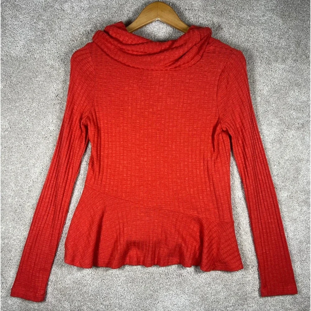Anthropologie Mauve XS Orange Ribbed‎ Sweater Cowl Neck Peplum Top Knit Retro